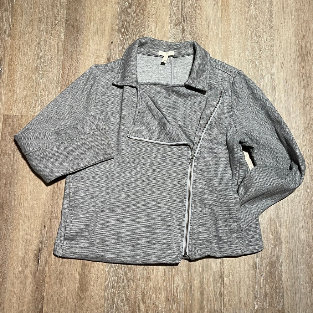 Eileen Fisher‎ Gray Herringbone Zip Front Petite Moto Jacket Organic Cotton Lg